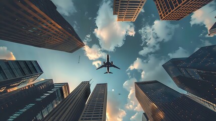 Skyline View: Plane Flying over Tall Buildings in Urban Landscape