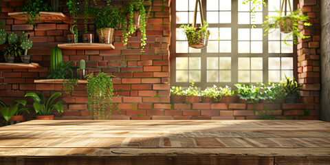 close up of an empty wooden table with a rustic brick wall in the background, generative AI