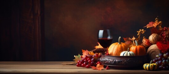 A cozy arrangement showcasing a wicker basket filled with pumpkins paired with a glass of red wine - Powered by Adobe