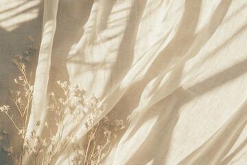 Boho wedding backdrop with natural light shadows on beige linen cloth texture.  - obrazy, fototapety, plakaty