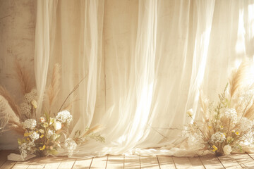 Boho wedding backdrop with natural light shadows on beige linen cloth texture. 