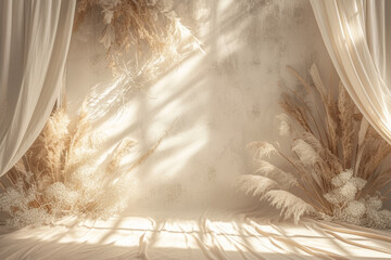 Boho wedding backdrop with natural light shadows on beige linen cloth texture. 