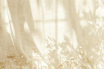 Boho wedding backdrop with natural light shadows on beige linen cloth texture. 