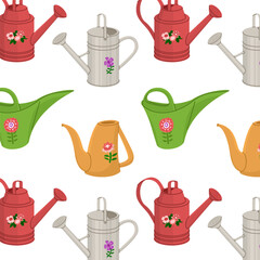 Seamless pattern with watering cans for caring for house plants. Farming and gardening, growing flowers. Vector illustration isolated on transparent background.