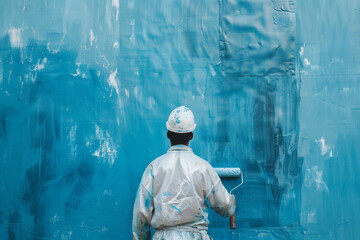 A man in a white coat is painting a wall blue