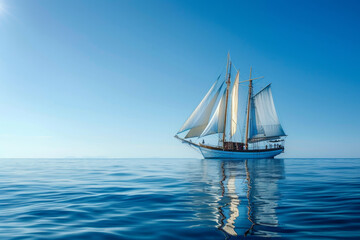 A large sailboat is sailing in the ocean on a sunny day