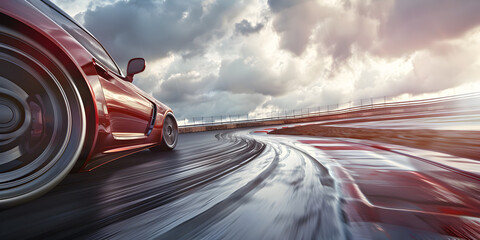 A fast paced journey racing cars maneuvering on winding tracks against a cloudy backdrop - obrazy, fototapety, plakaty