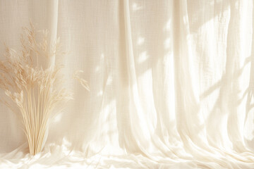 Obraz premium Boho wedding backdrop with natural light shadows on beige linen cloth texture. 