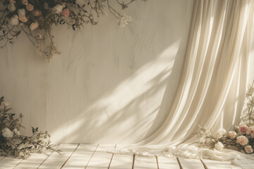 Boho wedding backdrop with natural light shadows on beige linen cloth texture. 