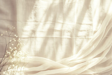 Obraz premium Boho wedding backdrop with natural light shadows on beige linen cloth texture. 