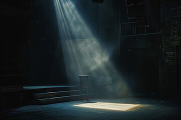 A stage with a spotlight shining on a microphone