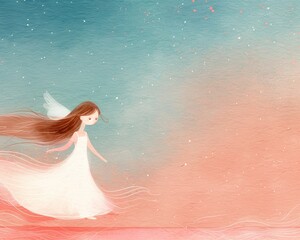 A girl in a white dress with a blue wing is standing on a pink background