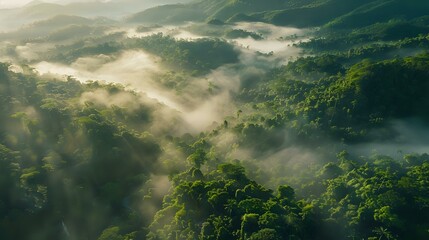 Aerial Perspective: Asia's Tropical Rainforest with Morning Mist Over Mountains