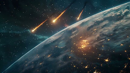 Celestial Catastrophe: Aerial View of Meteors and Shooting Stars Approaching - obrazy, fototapety, plakaty