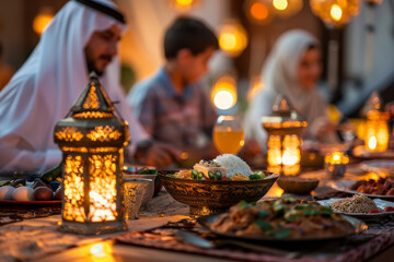 A family is gathered around a table with food and lanterns - obrazy, fototapety, plakaty