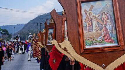 Procession of Jesus Nazareno del Santo Via Crusis, Holy week in Antigua Guatemala. - obrazy, fototapety, plakaty
