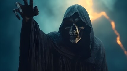 Fototapeta na wymiar The grim reaper holding his finger over a misty room 