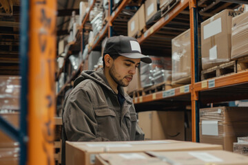 Fototapeta na wymiar A man wearing a hat and a grey jacket is sorting through boxes in a warehouse