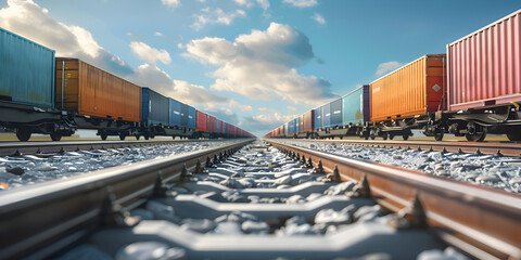 Railway track with string of container trains with sky blue  and clouds background - obrazy, fototapety, plakaty