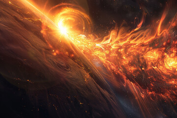 A fiery explosion in space with a bright sun in the background