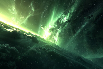 A green and blue space with a green cloud and a green star