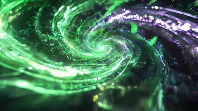 A deep green swirling galaxy extends across the cosmic expanse, with stars glittering along its spiral arms, creating a mystical and grand spectacle. 