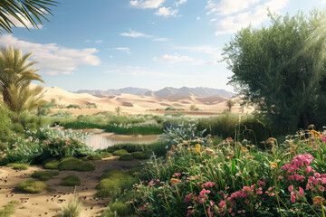A desert scene with a river and a lush green area