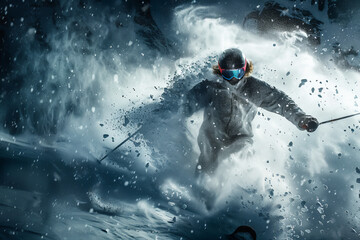 A man skiing in the snow with his skis in the air