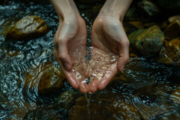 Fototapeta premium A person is holding their hands under a stream of water