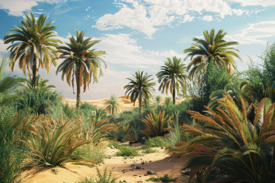A lush green jungle with palm trees and a sandy desert in the background