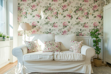 A white couch with floral pillows and a potted plant in the corner