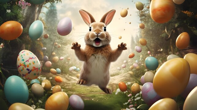 Ai generative photo happy bunny with many easter eggs on grass festive background for decorative design Free Photo
