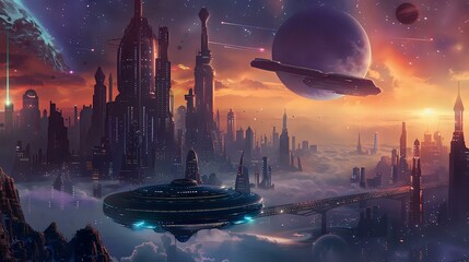 Sci-Fi Metropolis: Futuristic Spaceship Hovering Above City, Planetary Background