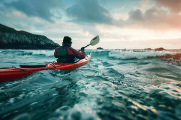 A man in a red life jacket paddles a kayak in the ocean