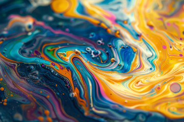 A colorful swirl of paint with blue, yellow, and orange colors