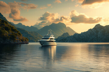 A large boat is sailing on a lake with mountains in the background - obrazy, fototapety, plakaty
