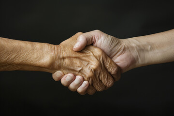 Two hands shaking hands, one of which is old