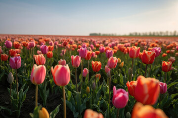 Field of red-pink tulips, sunny day, spring, nature landscape, outdoors. Natural flowers banner with copy space. Greeting card for spring holidays.