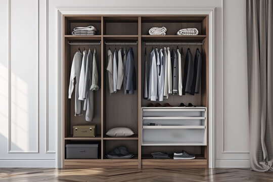 A large wooden closet with clothes hanging on the racks