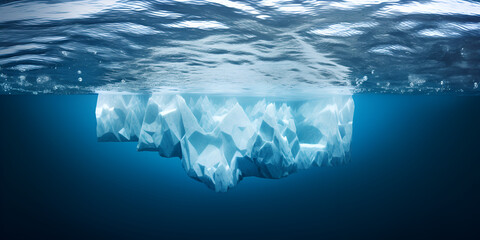 Iceberg Hidden Danger in the sea water Marine Environment Global Warming blue watered background