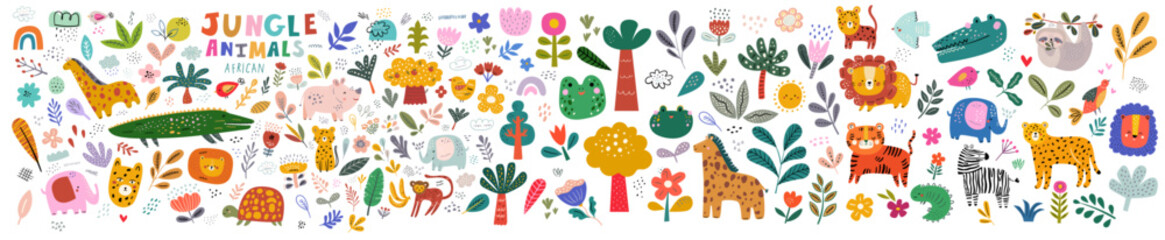 Fototapeta premium Abstract doodles. Baby animals pattern. Fabric pattern. Vector illustration with cute animals. Nursery baby pattern illustration