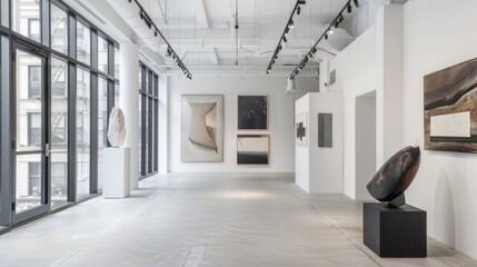 A contemporary art gallery with sleek white walls, track lighting, and large windows showcasing avant-garde sculptures and paintings against a backdrop of a modern urban landscape..