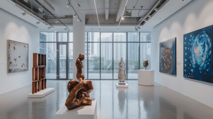 A contemporary art gallery with sleek white walls, track lighting, and large windows showcasing...