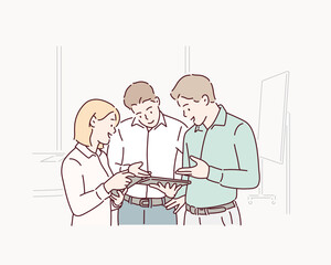 Female business people or Friends - Diverse Group of Females Only in a modern Office discussing and laughing. Hand drawn style vector design illustrations.