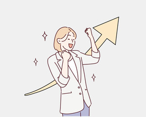 Business Woman Excited Hold Hands Up Raised Arms, Businesswoman Concept Winner Success Vector Illustration. Hand drawn style vector design illustrations.