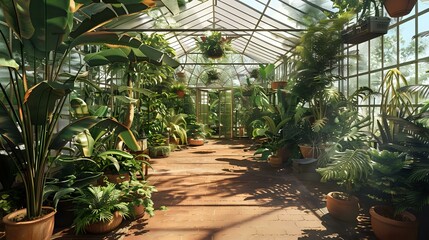 Fototapeta na wymiar Tropical Greenhouse Haven: Exotic Flora and Fauna, Botanical Wonderworld.