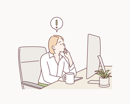 Happy woman sitting at a computer, exclamation marks, concept of a new idea. Hand drawn style vector design illustrations.