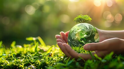 Nature's Protection: Hands Safeguarding Green Tree Globe in Tropical Environment