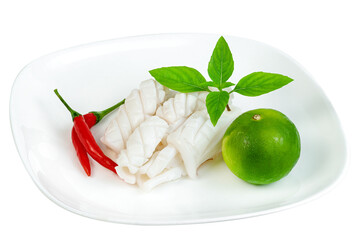 Boiled squid with chili and lemon and basil isolated