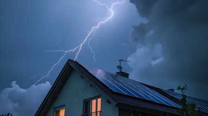 Home Fitted with Solar Panels Faces Thunderstorm, Lightning Illuminating Sky